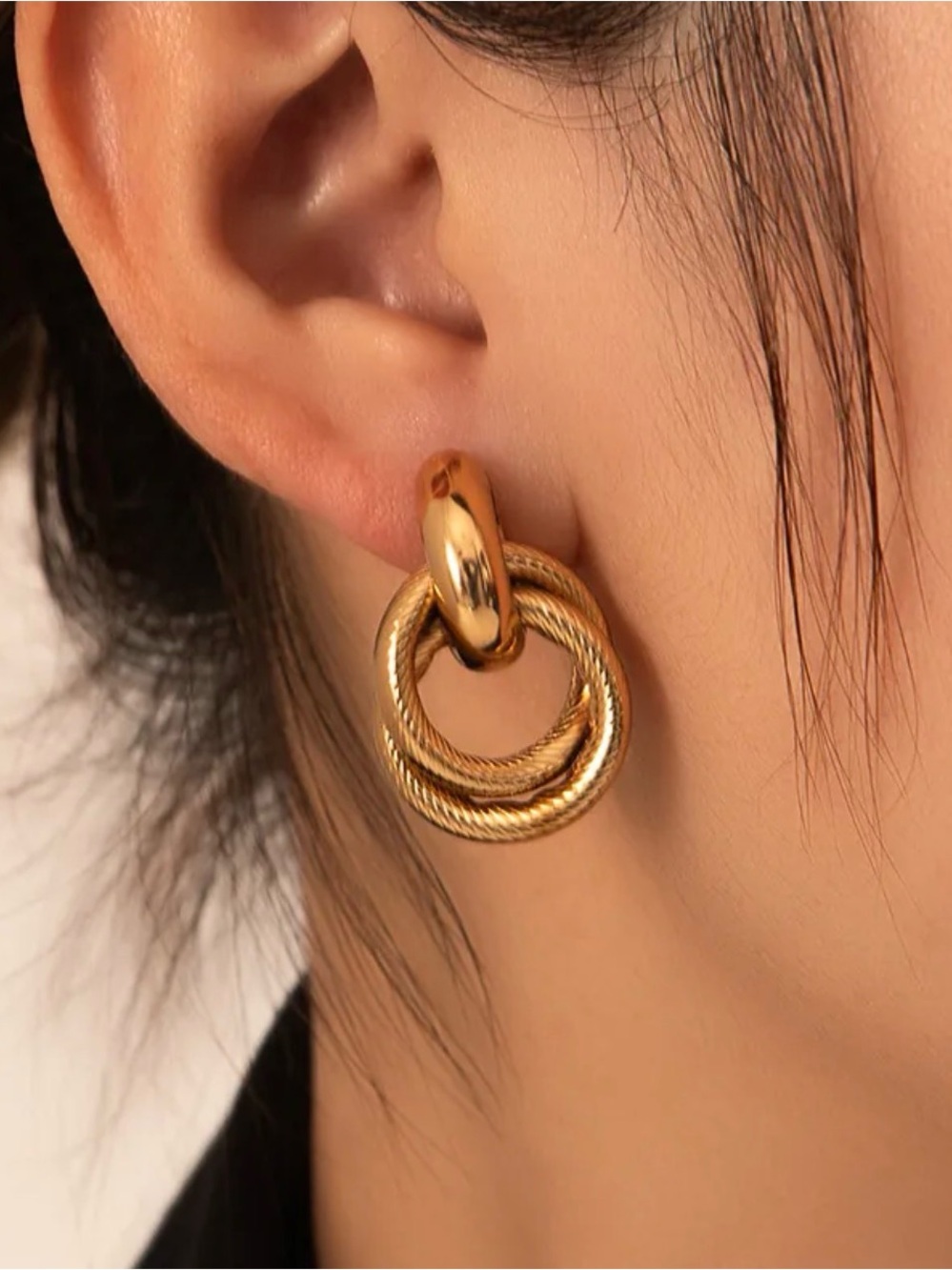 18k Gold chunky Double Hoop Drop Earrings - Women Jewelry